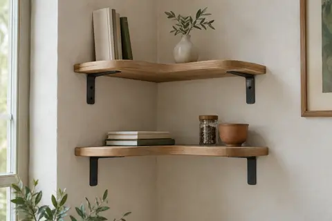 Deux étagères d’angle en paulownia avec supports métalliques, posées sur un mur blanc cassé