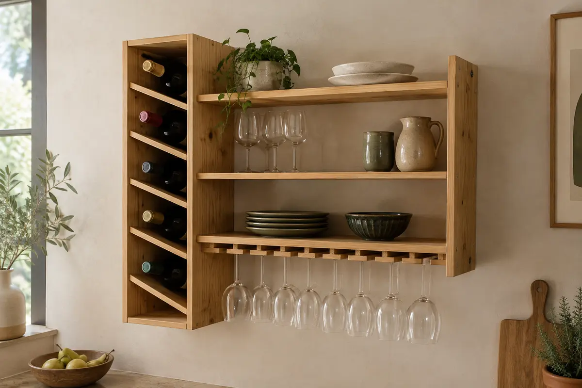 Casier mural en pin avec deux modules, rangements pour bouteilles et neuf emplacements pour verres à pied