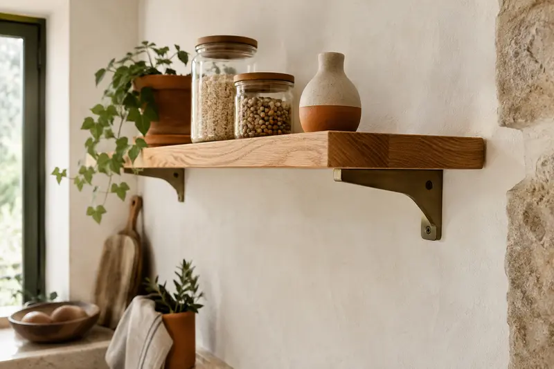 Tablette murale en bois et fixations visibles dans une cuisine sobre aux tons naturels.