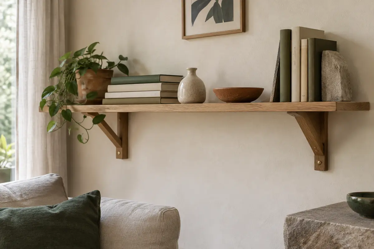 Étagère murale en chêne dans un séjour sobre, avec objets en céramique et lumière naturelle.